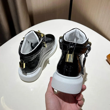 2026 Mid-Top Sneakers Men Alligator Pattern Round Toe Lock Decoration Lace Flats Glossy Cow Leather Casual Shoes