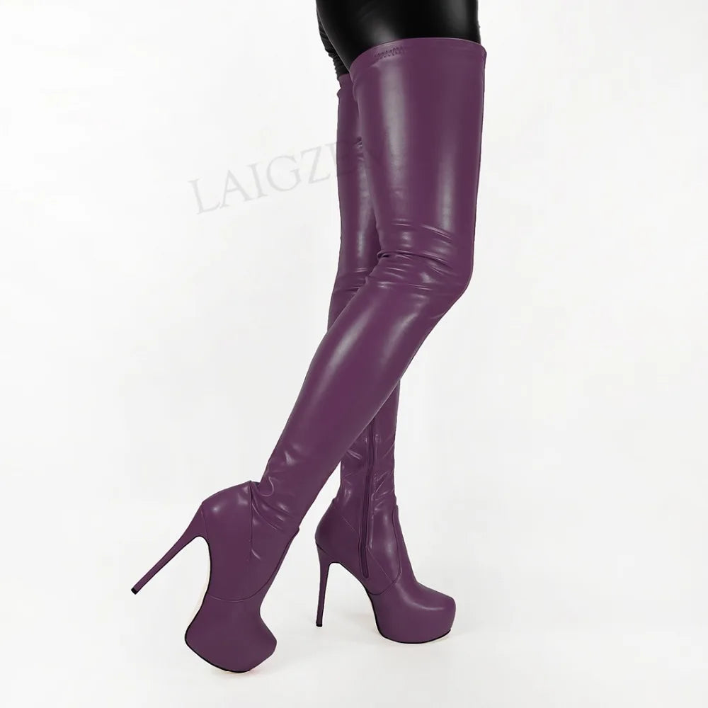 LAIGZEM Women Thigh High Platform Boots Side Zip Rount Toe Stiletto High Heels Over Knee Boots Donne Stivali Size 43 44 46 47 52