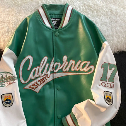 American retro letter embroidered jackets coats men's motorcycle bomb street leather baseball uniform couple casual loose jacket