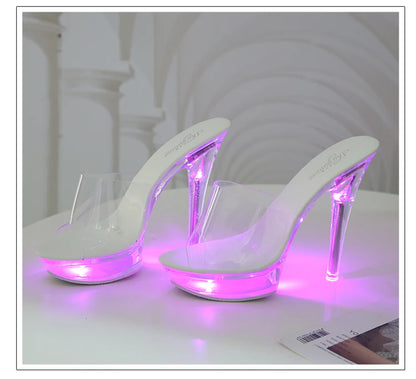 Light Up Glowing Shoes Woman Luminous Clear Sandals Women Platform Shoes LED 13cm High Heel Transparent Stripper Heels Shoes