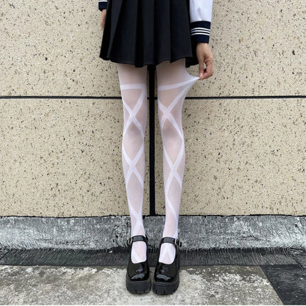 Collant Sexy da Donna Sottili in Jacquard a Rombi, Collant Gotici JK con Finte Cinghie Incrociate, Leggings