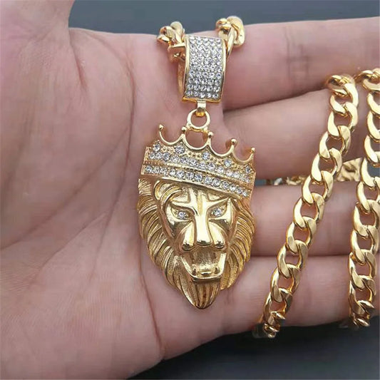 Collana animale color oro ghiacciato con testa a catena di leone con corona in acciaio inossidabile per uomo Dropshipping di gioielli Hip Hop