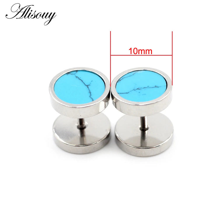 Alisouy 2 pz Acciaio Inossidabile Double Sided Rotondo Pietra Manubri Uomo Donna Vite Stud Bilanciere Orecchini Penetranti Spina per L'orecchio Finto platinumshop