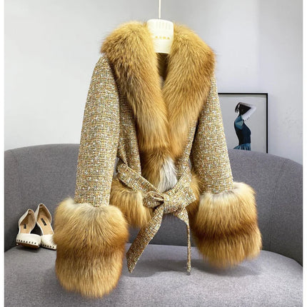 Female Winter ThickCotton Thin Short Woolen Jacket Women New Slim Imported Whole Skin Red Fox Fur Collar Imitation Fur Coat A863