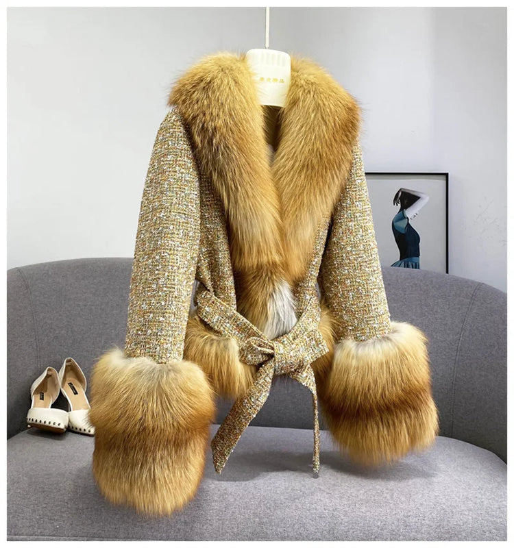 Female Winter ThickCotton Thin Short Woolen Jacket Women New Slim Imported Whole Skin Red Fox Fur Collar Imitation Fur Coat A863