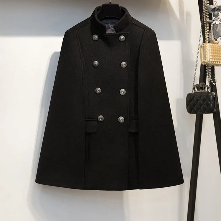 New Winter Women Double Breasted Cape Woolen Blends Elegant Ladies Coat Stand Collar Cloak Outwear Coats Vintage Overcoat