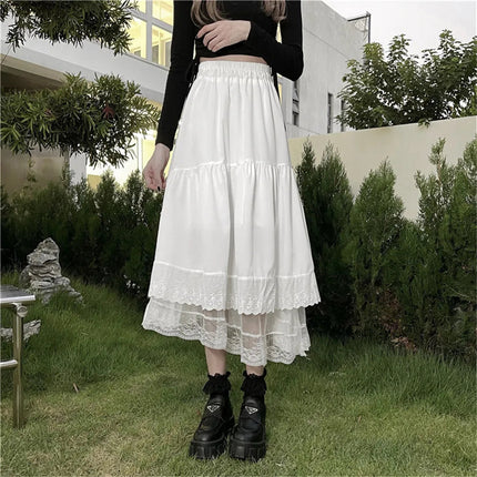 Y2k Gothic Tulle Pleated Skirt Black Lace Stitching Irregular Midi Skirt Women Vintage High Waist Long Skirt Korea Solid Hip Hop PlatiNum