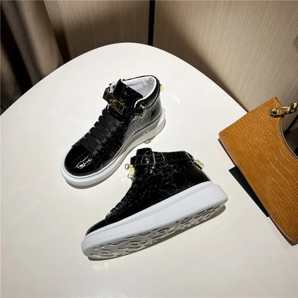 2026 Mid-Top Sneakers Men Alligator Pattern Round Toe Lock Decoration Lace Flats Glossy Cow Leather Casual Shoes