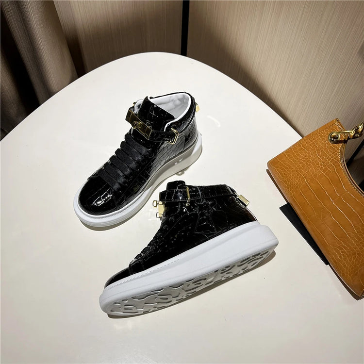 2026 Mid-Top Sneakers Men Alligator Pattern Round Toe Lock Decoration Lace Flats Glossy Cow Leather Casual Shoes