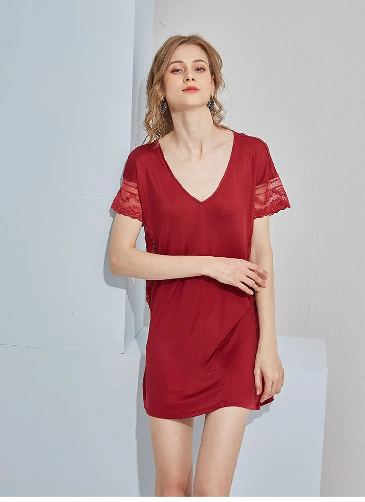 SuyaDream abito da notte in seta da donna in seta naturale e pizzo Mini abiti Sexy da vino nero camicie da notte estive 2021