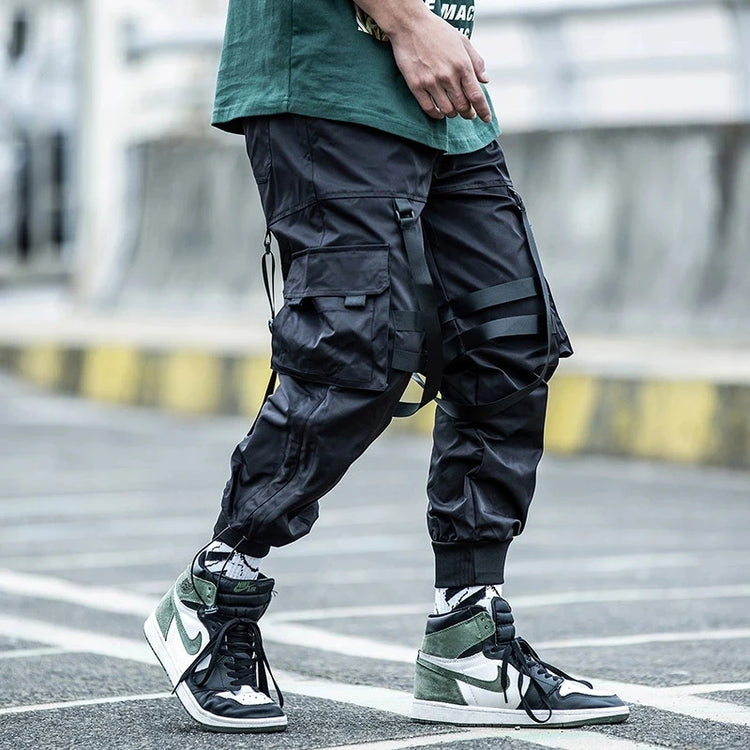 Tactical Cargo Pants Men Joggers Streetwear Ankle-length Pants Ribbons Elastic Waist Black Pant Hip Hop Male