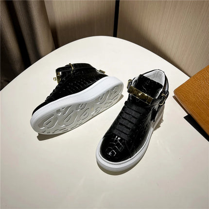 2026 Mid-Top Sneakers Men Alligator Pattern Round Toe Lock Decoration Lace Flats Glossy Cow Leather Casual Shoes