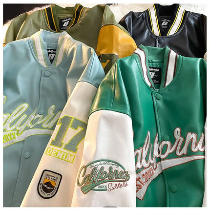 American retro letter embroidered jackets coats men's motorcycle bomb street leather baseball uniform couple casual loose jacket