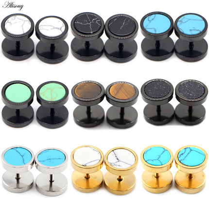 Alisouy 2 pz Acciaio Inossidabile Double Sided Rotondo Pietra Manubri Uomo Donna Vite Stud Bilanciere Orecchini Penetranti Spina per L'orecchio Finto platinumshop