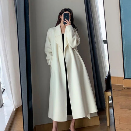 White Woolen Coat Women Autumn And Winter High-End Fashion Temperament Long Thick Blended Wool Windbreaker Female Jacket Belt 99
