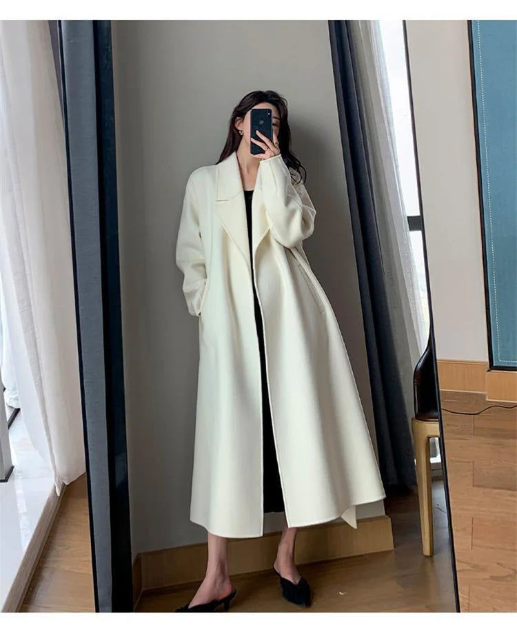 White Woolen Coat Women Autumn And Winter High-End Fashion Temperament Long Thick Blended Wool Windbreaker Female Jacket Belt 99