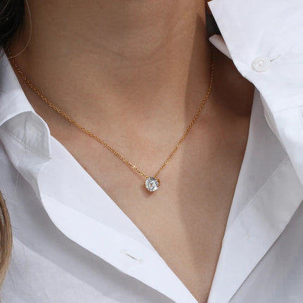 E.B.belle  Stainless Steel PVD Plated 3A Zircon Stone Crown Pendant Necklace Ladies Minimalist Weddng Party Crystal Necklace PlatiNum