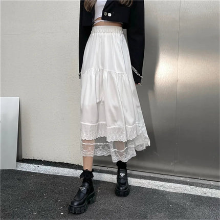 Y2k Gothic Tulle Pleated Skirt Black Lace Stitching Irregular Midi Skirt Women Vintage High Waist Long Skirt Korea Solid Hip Hop PlatiNum