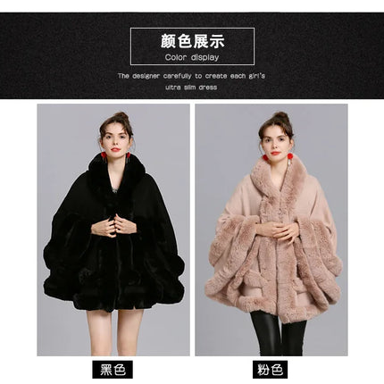 7 Colors Winter Shawl Warm Thick Cappa Coat Two Circle Faux Fox Fur Loose Poncho Cloak With Hat Women Big Pendulum Cardigan Cape
