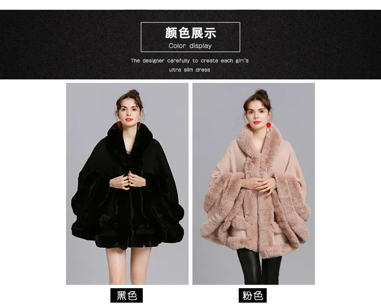 7 Colors Winter Shawl Warm Thick Cappa Coat Two Circle Faux Fox Fur Loose Poncho Cloak With Hat Women Big Pendulum Cardigan Cape