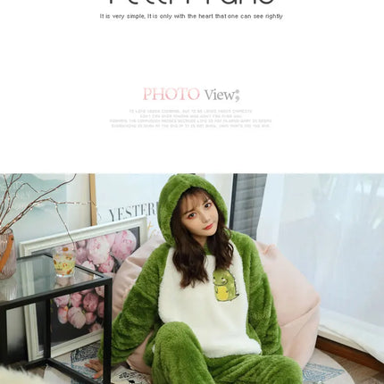 Jielur Warm Women Pajama Sets Winter Lady Long Sleeve Shirt+Pants Home suit Hooded Cartoon Print Thick Pijama Feminino