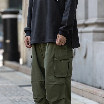 Multi-Pocket Cargo Pants Mens Safari Style Solid Color Pleated Loose Straight-leg Pants Elastic Waist Casual Trousers Men