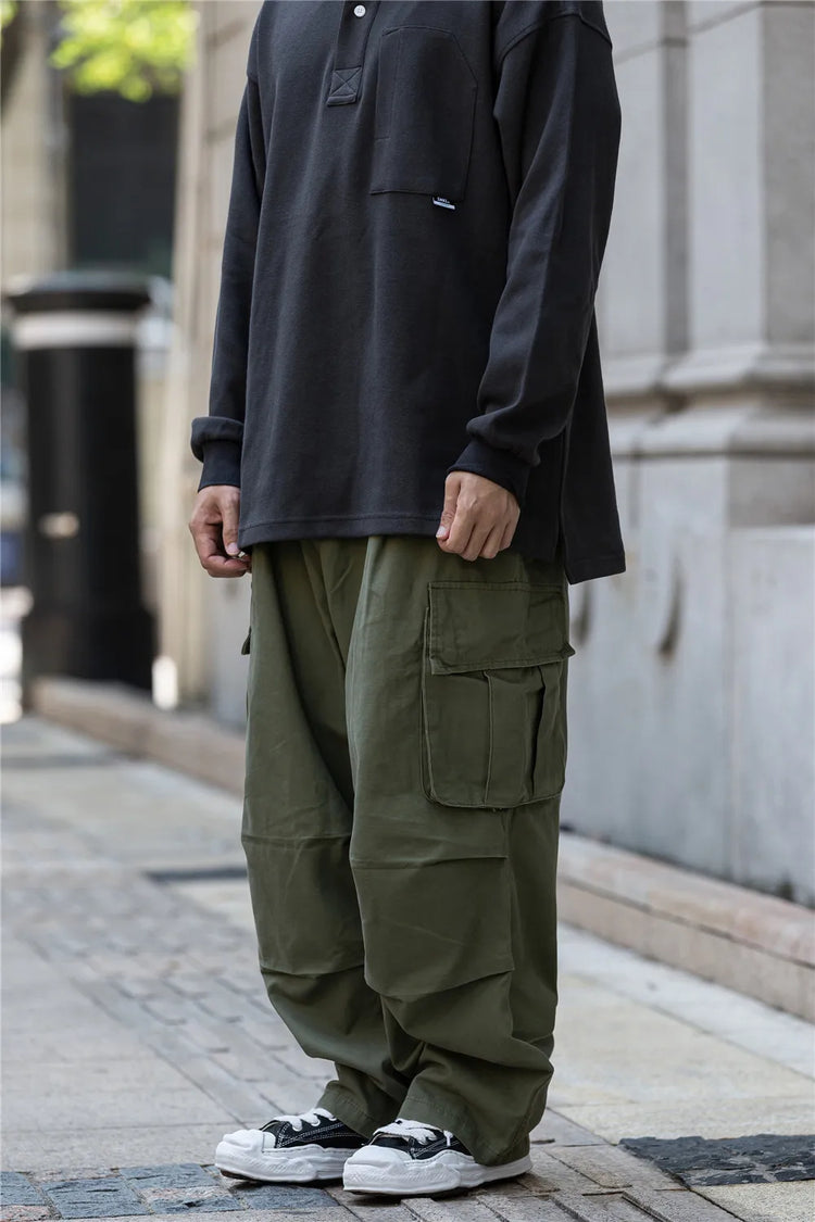 Multi-Pocket Cargo Pants Mens Safari Style Solid Color Pleated Loose Straight-leg Pants Elastic Waist Casual Trousers Men