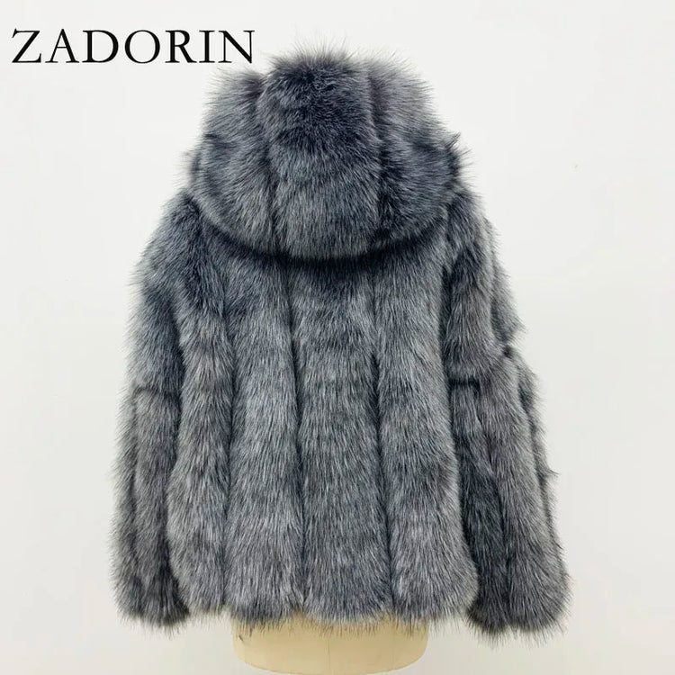 ZADORIN New Luxury Designer Faux Fur Coat Woman Hooded Zipper Furry Warm Winter Faux Fur Jacket Streetwear Fur Coats Woman Tops