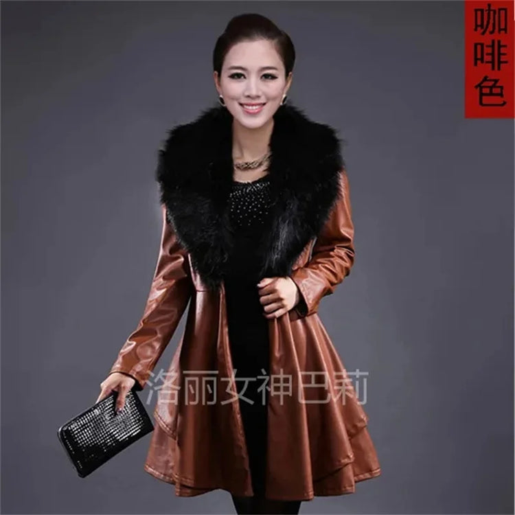 PU Leather Long Leather Jacket Women's Fur Collar Removable Coat Faux Leather Slim Female Temperament Leather Windbreaker Black