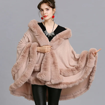 7 Colors Winter Shawl Warm Thick Cappa Coat Two Circle Faux Fox Fur Loose Poncho Cloak With Hat Women Big Pendulum Cardigan Cape