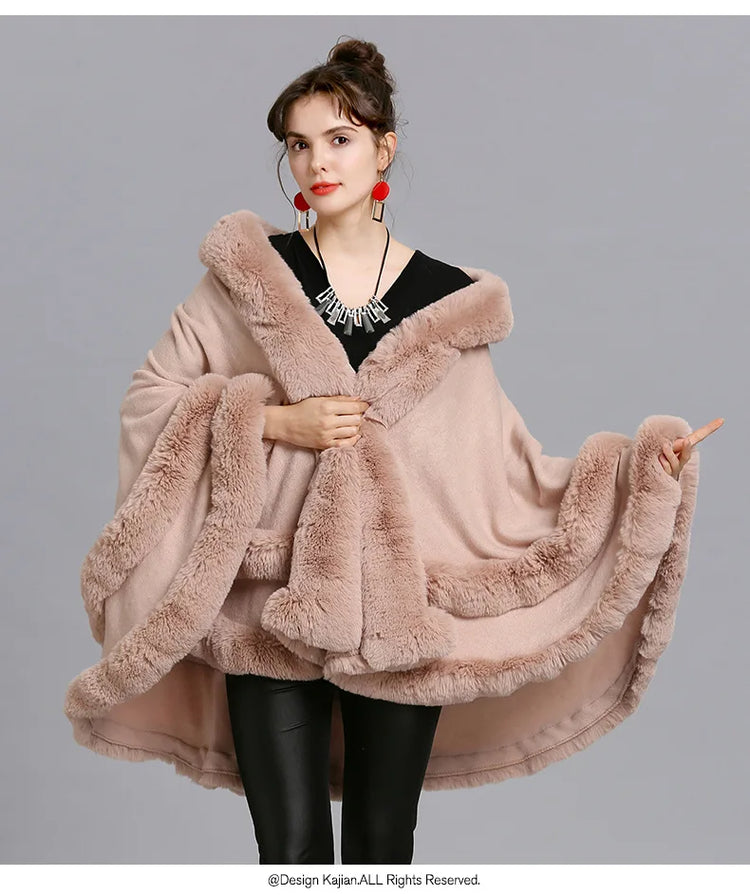 7 Colors Winter Shawl Warm Thick Cappa Coat Two Circle Faux Fox Fur Loose Poncho Cloak With Hat Women Big Pendulum Cardigan Cape
