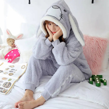 Cute Pajamas Set 2 Pieces Women Sleepwear Warm Winter Thick Coral Fleece Hooded Cartoon Girls Homewear Animal Pajamas Nighties
