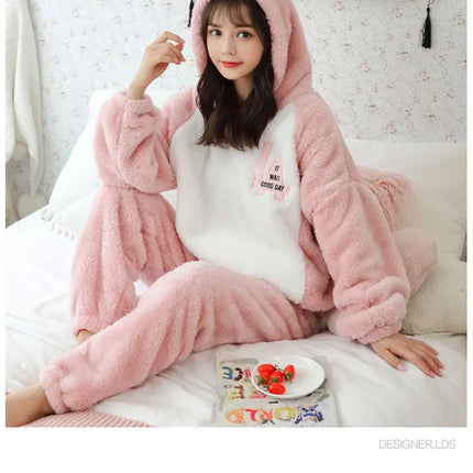 Jielur Warm Women Pajama Sets Winter Lady Long Sleeve Shirt+Pants Home suit Hooded Cartoon Print Thick Pijama Feminino