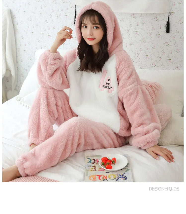 Jielur Warm Women Pajama Sets Winter Lady Long Sleeve Shirt+Pants Home suit Hooded Cartoon Print Thick Pijama Feminino