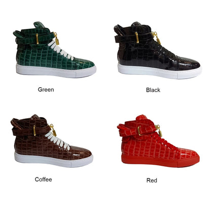 Luxury Designer Men Crocodile Pattern High Top Sneakers Glossy Patent Leather Gold Buckle Lace-up Casual Street Shoes Footwear
