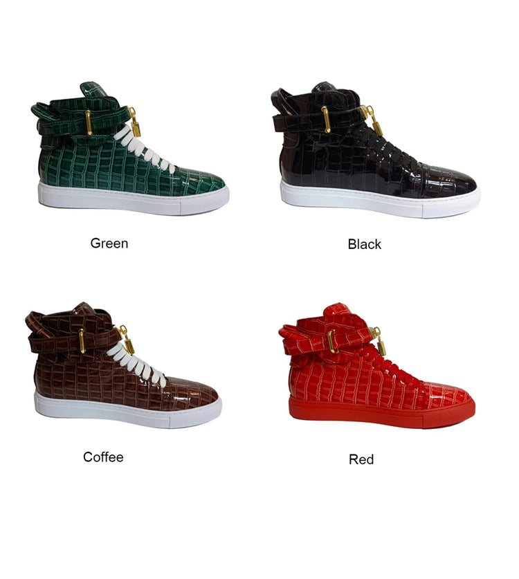 Luxury Designer Men Crocodile Pattern High Top Sneakers Glossy Patent Leather Gold Buckle Lace-up Casual Street Shoes Footwear