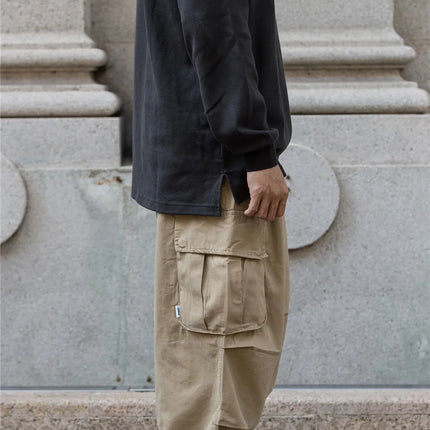 Multi-Pocket Cargo Pants Mens Safari Style Solid Color Pleated Loose Straight-leg Pants Elastic Waist Casual Trousers Men