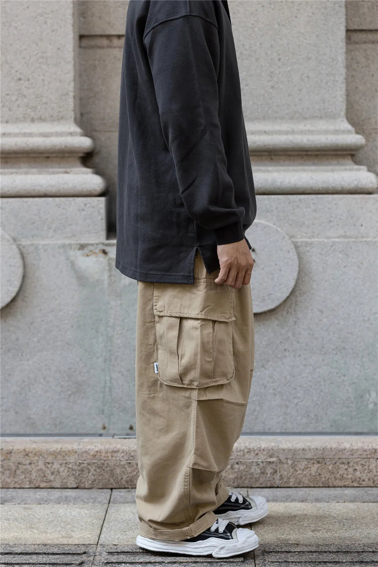 Multi-Pocket Cargo Pants Mens Safari Style Solid Color Pleated Loose Straight-leg Pants Elastic Waist Casual Trousers Men