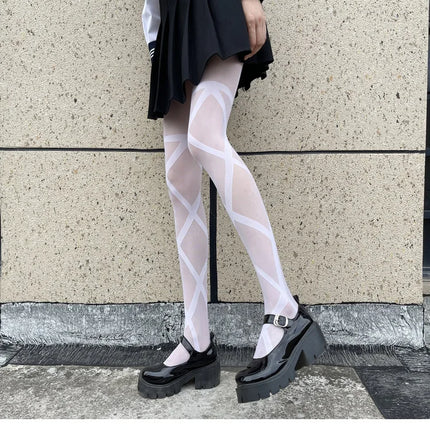 Collant Sexy da Donna Sottili in Jacquard a Rombi, Collant Gotici JK con Finte Cinghie Incrociate, Leggings