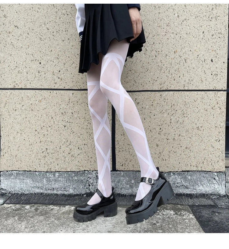 Collant Sexy da Donna Sottili in Jacquard a Rombi, Collant Gotici JK con Finte Cinghie Incrociate, Leggings