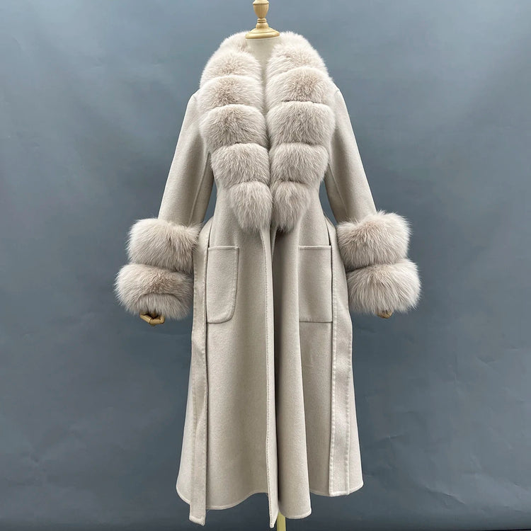 2022 New Arrival Women Wool Coat With Real Fox Fur Collar Cuff Slim Fit Elegant Belted Cashmere Long Coat Ladies Winter Coats