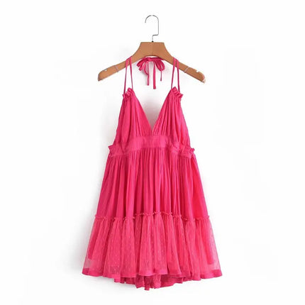 SheMujerSky Sexy Lace Patchwork Backless Mini Dress Summer V Neck Halter Dresses Women's Dress Elegant Party