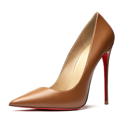 HLTINO 12CM Brown Patent Leather Pumps Women Red Bottom Heels Elegant High Heeled Stilettos Evening Shoe for Party