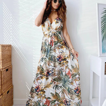 Abito da spiaggia da donna senza schienale con allacciatura Abito da spiaggia sexy con scollo a V Boho Abiti lunghi estivi Elegante stampa senza maniche Lady Maxi Dress Vestidos