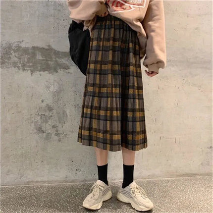 Vintage Wool Pleated Plaid Skirt Women High Waist Plus Size Long Skirt 2022 Autumn Winter Harajuku Female Party Skirt Streetwear PlatiNum