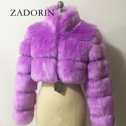 ZADORIN Fashion Cropped Faux Fur Coat Woman Warm Stand Fur Collar Slim Fluffy Fur Jacket Woman Tops Winter Fur Coats Streetwear