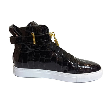 Luxury Designer Men Crocodile Pattern High Top Sneakers Glossy Patent Leather Gold Buckle Lace-up Casual Street Shoes Footwear