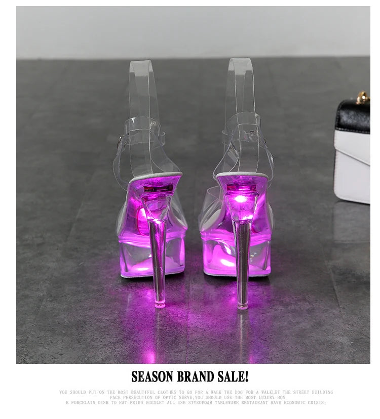 Light Up Glowing Shoes Woman Luminous Clear Sandals Women Platform Shoes LED 13cm High Heel Transparent Stripper Heels Shoes