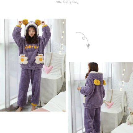 Jielur Warm Women Pajama Sets Winter Lady Long Sleeve Shirt+Pants Home suit Hooded Cartoon Print Thick Pijama Feminino