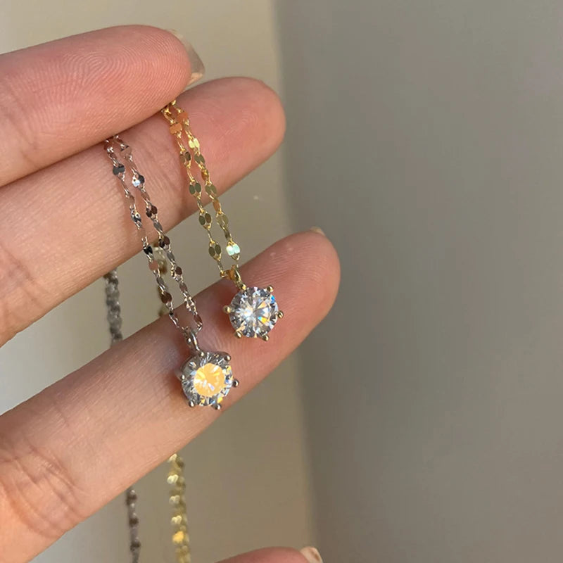 ANENJERY Collana con zirconi singoli color argento per donna Gioielli per feste di nozze con catena a clavicola con zirconi a sei artigli